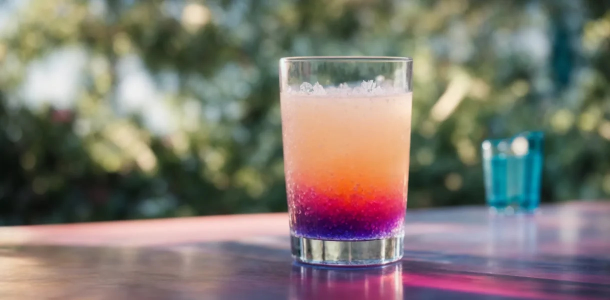 a glass of water infused with vibrant colored electrolyte powder sits on a table, radiating energy and hydration.