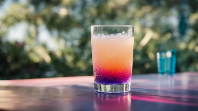 a glass of water infused with vibrant colored electrolyte powder sits on a table, radiating energy and hydration.