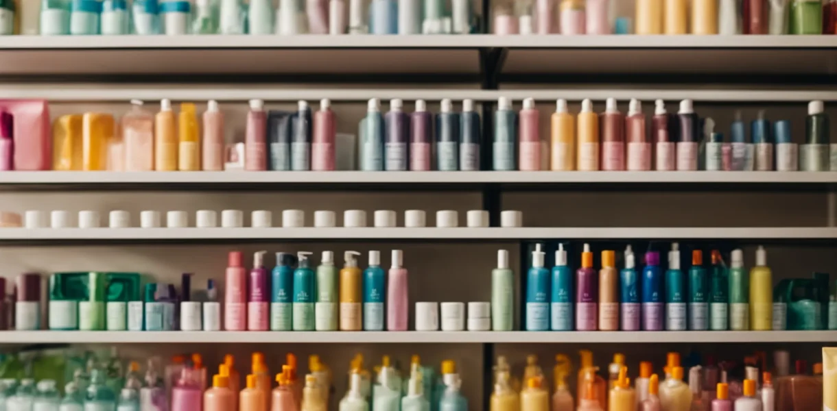 a row of colorful face wash bottles lined up on a shelf.