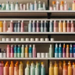 a row of colorful face wash bottles lined up on a shelf.