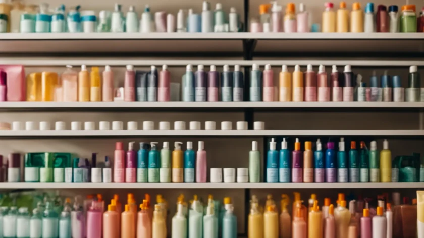a row of colorful face wash bottles lined up on a shelf.