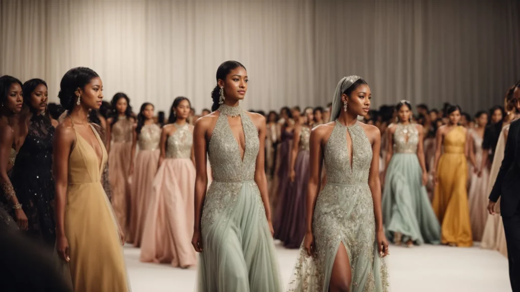 a diverse group of people showcasing a variety of elegant dresses at a fashion show runway event.