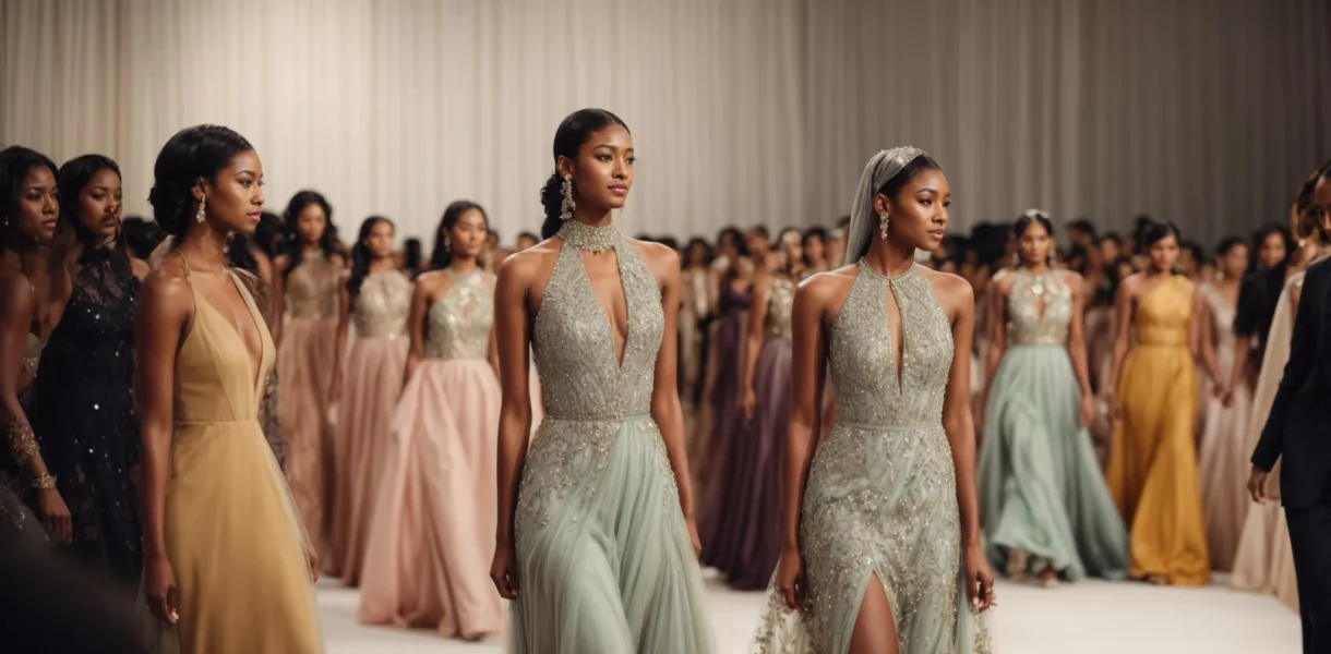 a diverse group of people showcasing a variety of elegant dresses at a fashion show runway event.