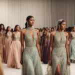a diverse group of people showcasing a variety of elegant dresses at a fashion show runway event.