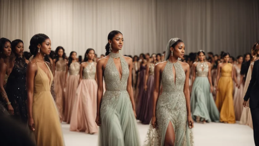 a diverse group of people showcasing a variety of elegant dresses at a fashion show runway event.