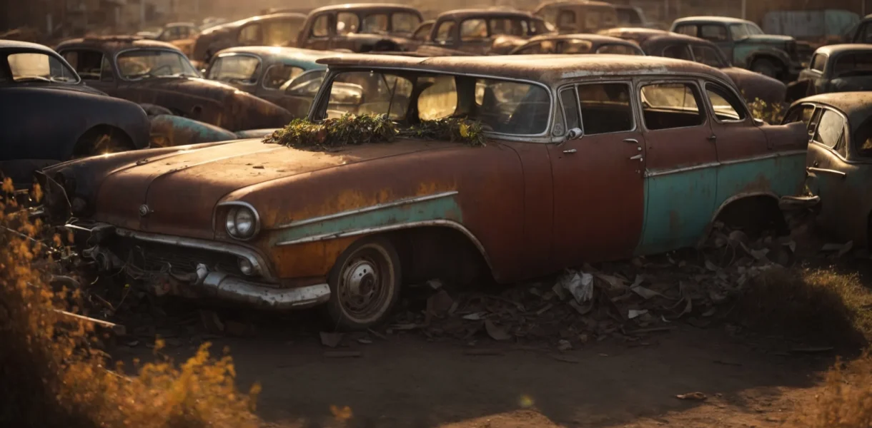 a rusty, abandoned car sits in a scrapyard with the setting sun casting a golden hue over stacked vehicles in the background.