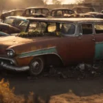 a rusty, abandoned car sits in a scrapyard with the setting sun casting a golden hue over stacked vehicles in the background.