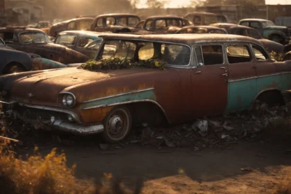a rusty, abandoned car sits in a scrapyard with the setting sun casting a golden hue over stacked vehicles in the background.
