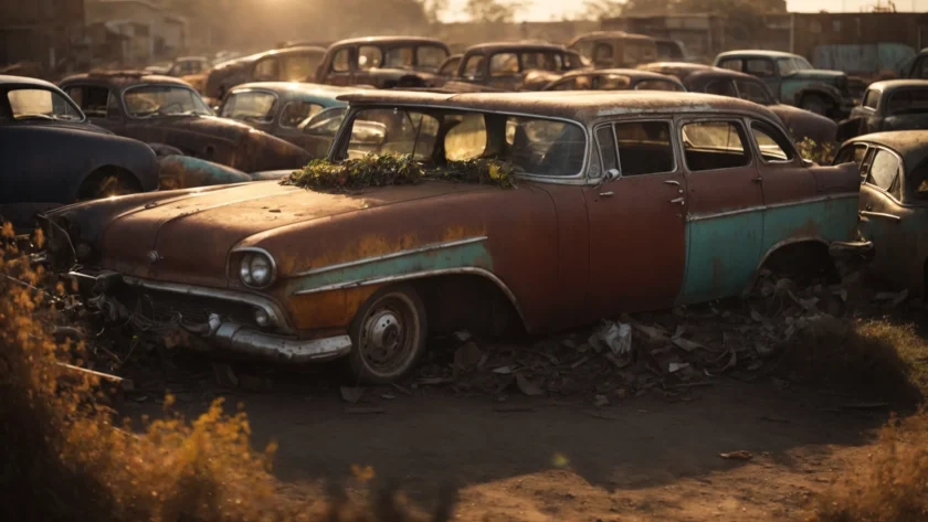 a rusty, abandoned car sits in a scrapyard with the setting sun casting a golden hue over stacked vehicles in the background.
