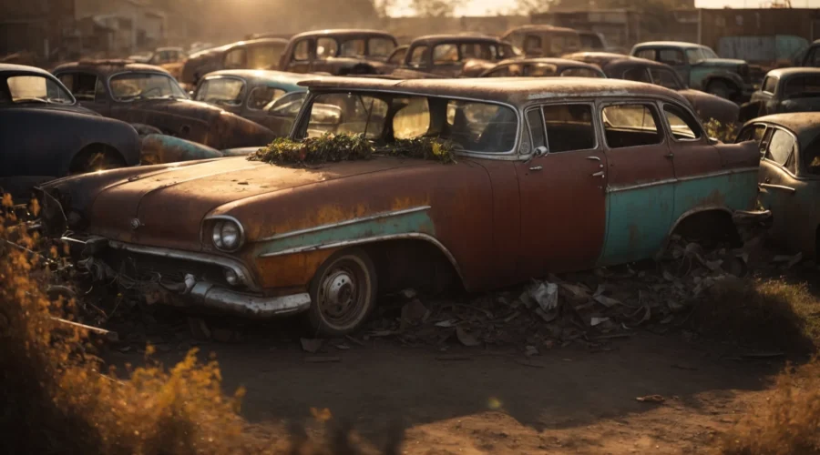 a rusty, abandoned car sits in a scrapyard with the setting sun casting a golden hue over stacked vehicles in the background.