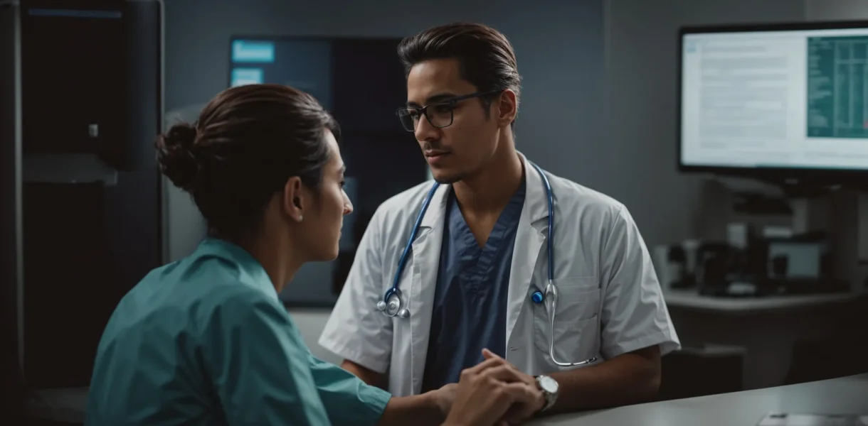 a doctor is conversing with a patient in a clinic while a computer screen displays a medical software interface in the background.