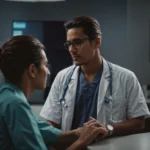 a doctor is conversing with a patient in a clinic while a computer screen displays a medical software interface in the background.