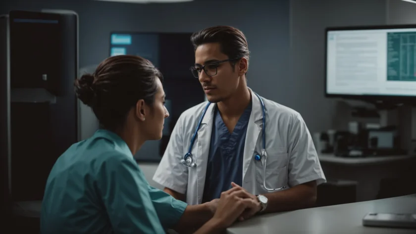 a doctor is conversing with a patient in a clinic while a computer screen displays a medical software interface in the background.