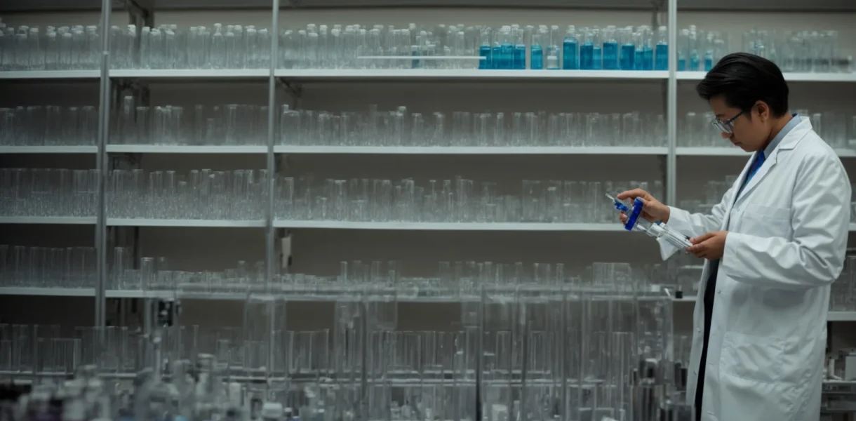 a scientist examines vials of peptides in a well-organized laboratory.