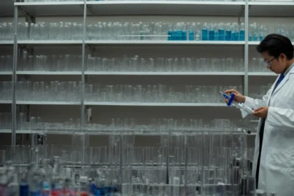 a scientist examines vials of peptides in a well-organized laboratory.