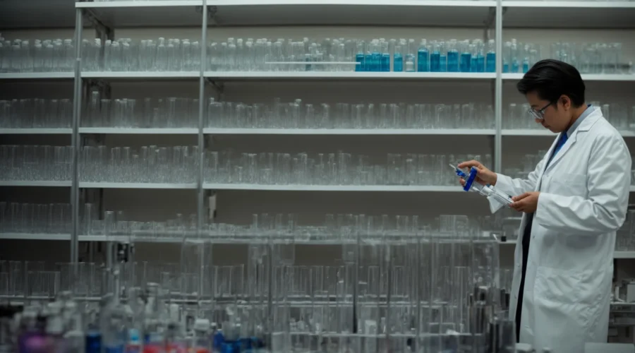 a scientist examines vials of peptides in a well-organized laboratory.