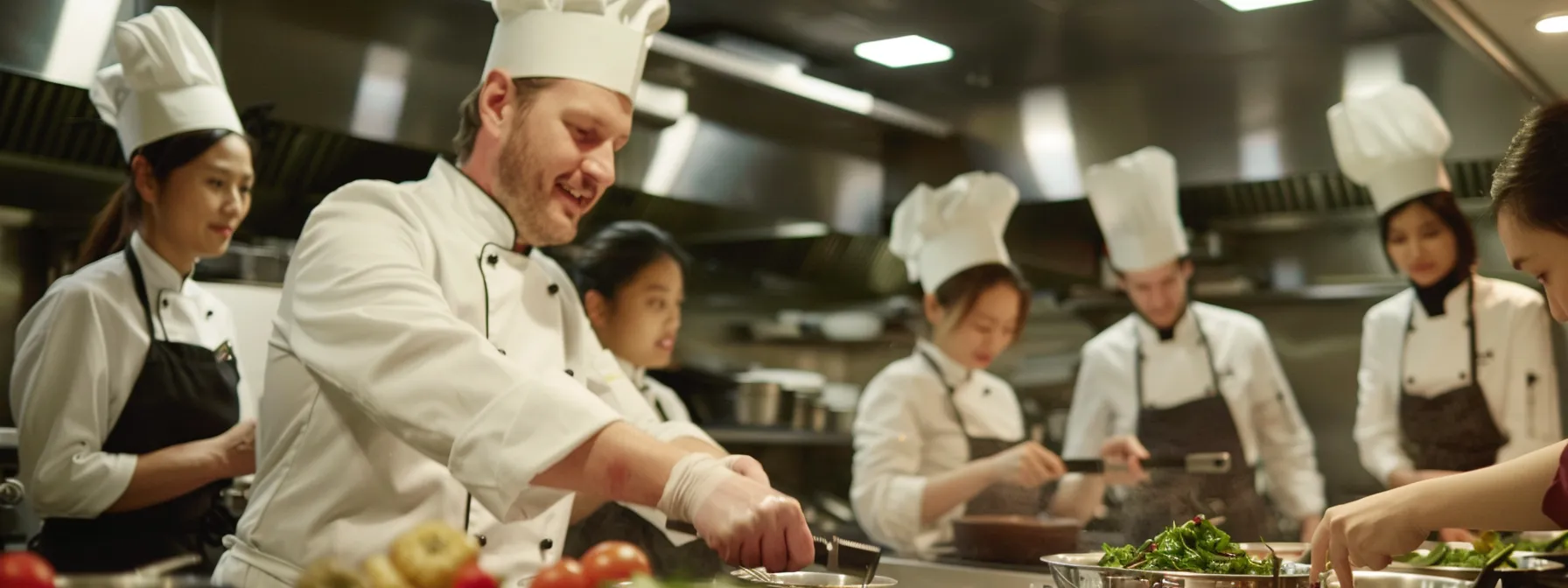 professional chefs demonstrating time-saving tricks and knife skills to group of business professionals in cooking class nyc.