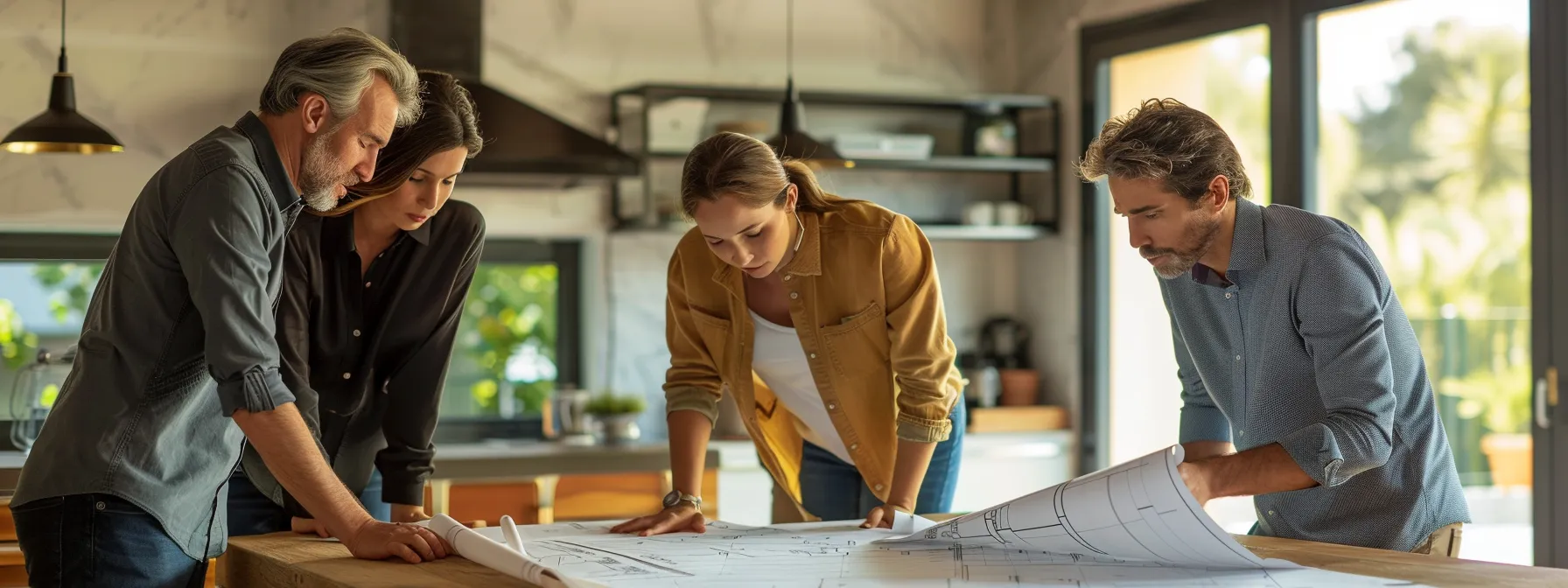 How Hiring Glendale Home Renovation Contractors Transforms Your Living Space? 3 business professionals gathered around a blueprint discussing a home renovation project in glendale.