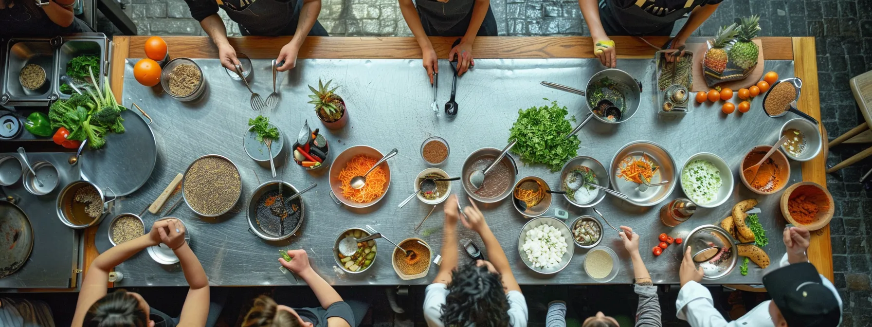 a group of students working together in a bustling nyc kitchen, surrounded by an array of global ingredients and spices, under the guidance of expert chefs.