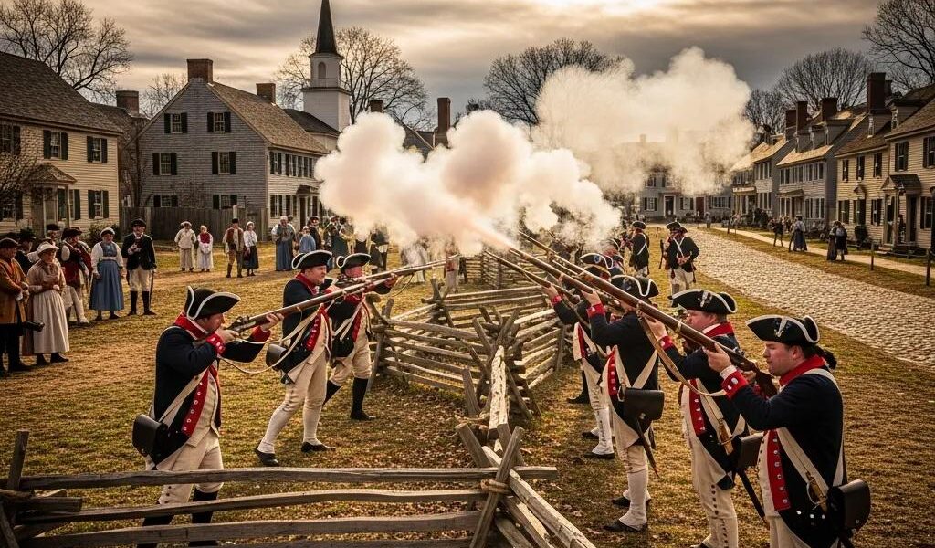 Colonial soldiers in a historical reenactment of the American Revolution