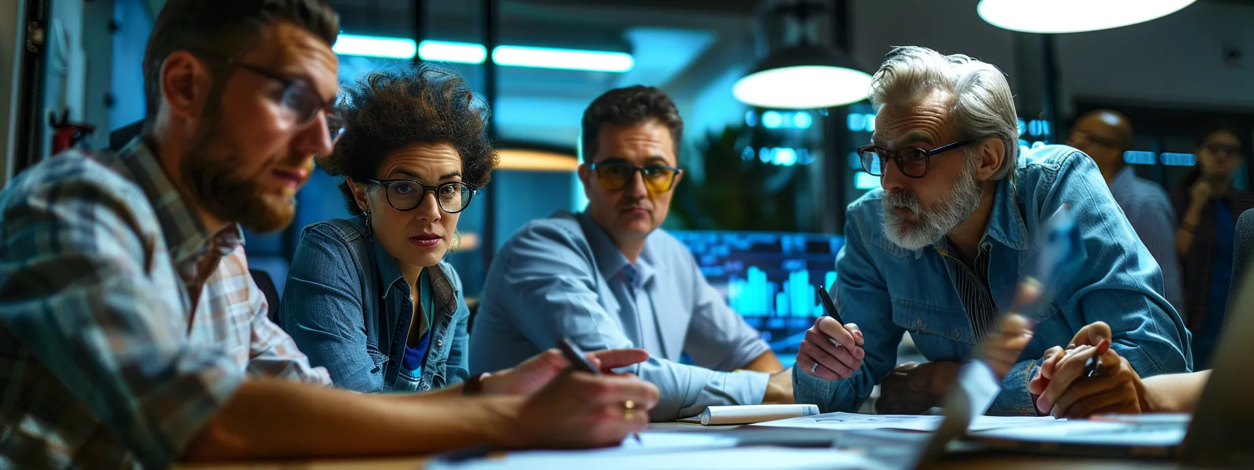 a team of professionals gathered around a table, discussing and analyzing different aspects of their agency's operations.