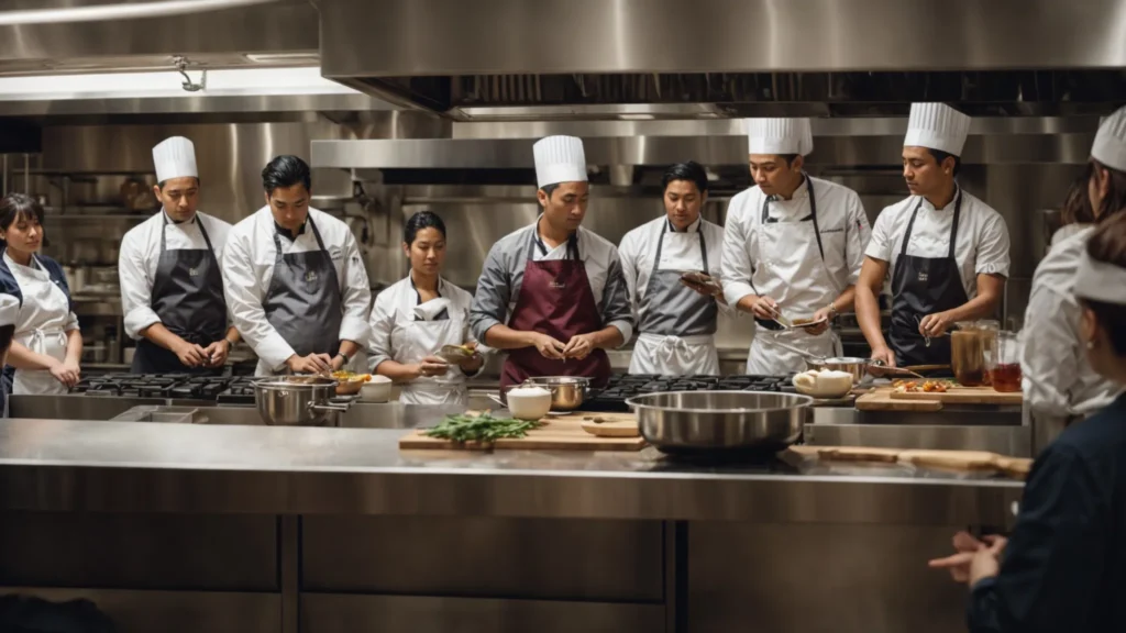 a group of people in an nyc cooking class intently watches a chef demonstrate a cooking technique at a large kitchen island.