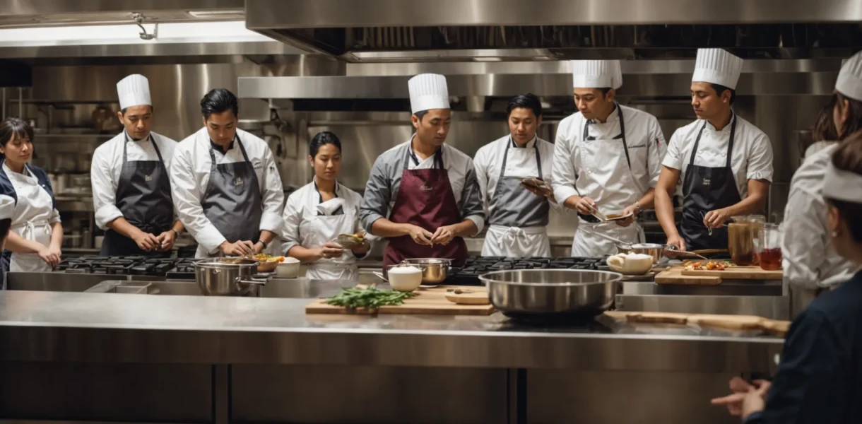 a group of people in an nyc cooking class intently watches a chef demonstrate a cooking technique at a large kitchen island.