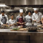 a group of people in an nyc cooking class intently watches a chef demonstrate a cooking technique at a large kitchen island.