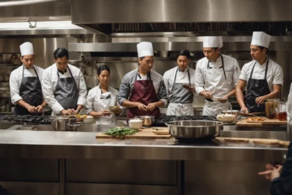 How Taking a Cooking Class in Nyc Enhances Culinary Skills? 4 a group of people in an nyc cooking class intently watches a chef demonstrate a cooking technique at a large kitchen island.