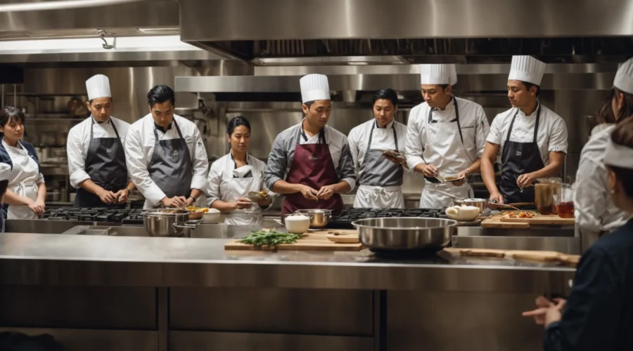 a group of people in an nyc cooking class intently watches a chef demonstrate a cooking technique at a large kitchen island.