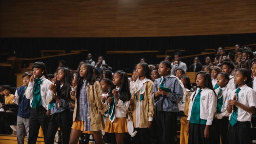 a group of middle school students stands on a stage, receiving accolades for their achievements in the honor society.