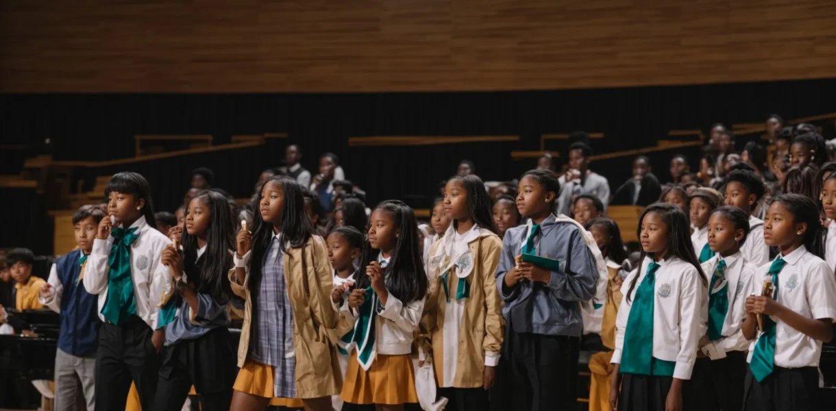 a group of middle school students stands on a stage, receiving accolades for their achievements in the honor society.