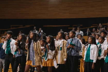 a group of middle school students stands on a stage, receiving accolades for their achievements in the honor society.