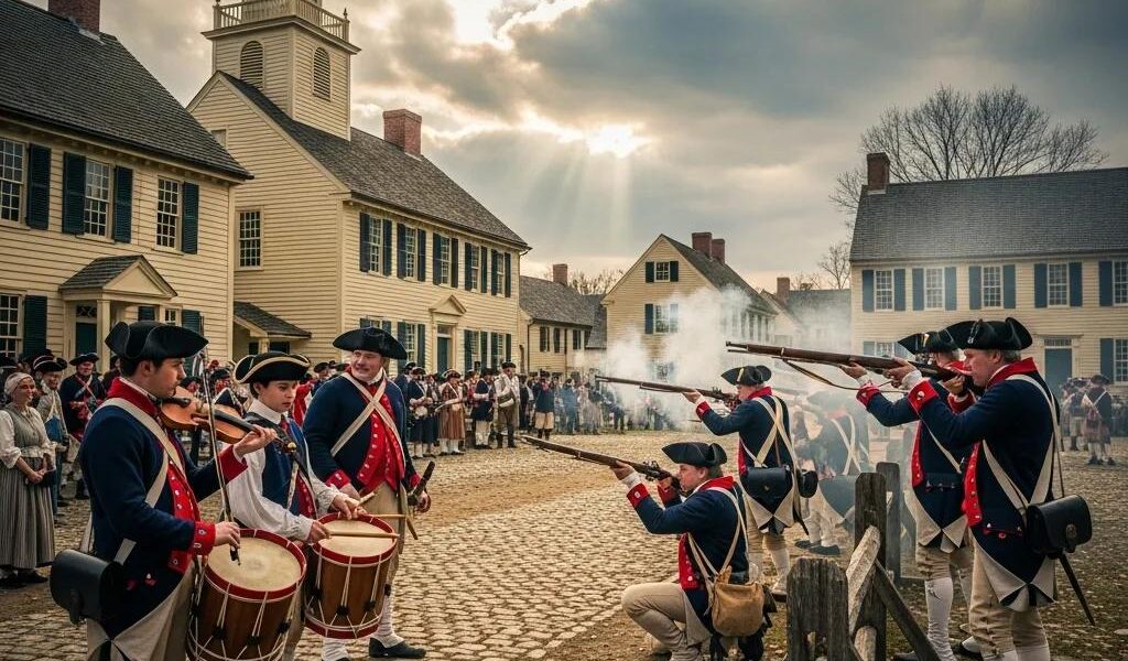 Colonial soldiers in a historical reenactment of the American Revolution, showcasing the spirit of independence